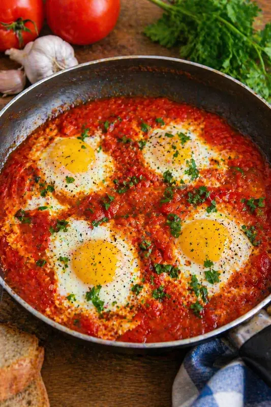 Moroccan Eggs with Tomatoes (Shakshouka): Easy Healthy Recipe with Olive Oil and Garlic